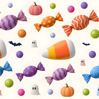 many candy candies and pumpkins are scattered on a white background with polka dots Halloween Candy Design seashell