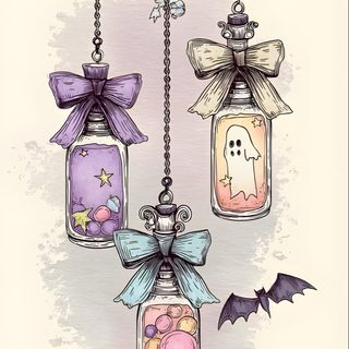three glass jars filled with candy and bats hanging from the ceiling, one has a ghost in it Halloween Magic Potions Light Greysmall Pastel Halloween Aesthetic, Cute Potion Bottle, Pastel Spooky, beige