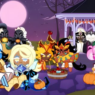 many cartoon characters are gathered together in front of a gazebo at the halloween party Crk Halloween Cookie Run Kingdom Halloween, Crk Halloween Kingdom, Crk Computer, Cookie Run Computer, dim gray