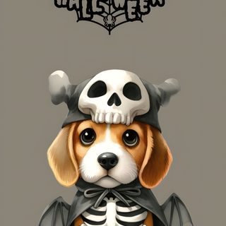 a dog dressed up as a skeleton sitting on top of a white surface with the words happy halloween written above it Cute Beagle Halloween Puppy Iphone, Halloween Eve, Halloween Iphone, Halloween Painting, gray