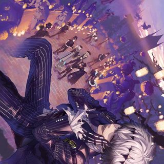 an anime character laying down on the ground in front of a bunch of other characters Twisted Wonderland Halloween Skully Graves, Skully J Graves, Twisted Wonderland Card Art, dark slate blue