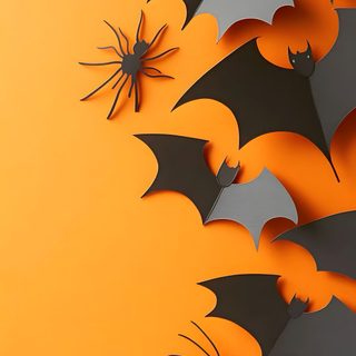 an orange background with black bats and spider webs Halloween Whimsical Bats-large Bat And Spider, Bat Cutout On Yellow Background, Black Background With Halloween Bat And Spider Web, goldenrod