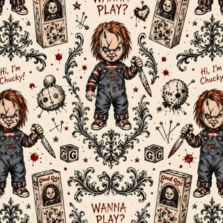 an image of a pattern with the words wanna play and two creepy dolls on it Halloween Chucky wheat
