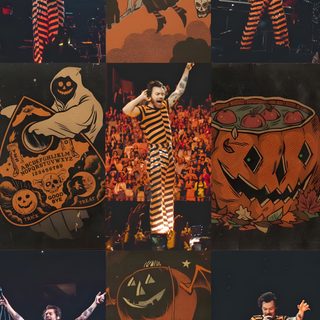 a collage of photos with clowns and pumpkins on stage at a concert Harry Styles Happy Halloween Iphone Harry Styles Wizard Of Oz, Spooky Season Playlist Cover, 1d Halloween Costume, dark slate gray