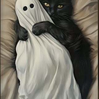 a black cat laying on top of a bed next to a ghost Halloween Black Cat Pillow Ghost, gray
