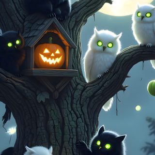 three cats sitting in a tree with glowing eyes Halloween Cats Bats Owls Spiders Sm Boho Fall, Halloween, dark slate gray