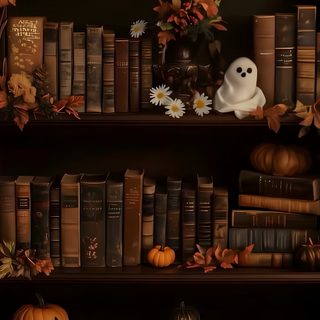 a book shelf filled with lots of books covered in fake ghost heads and pumpkins Halloween Spooky Books Library Halloween Iphone Backgrounds, Pumpkin Illustration, Book Background, black