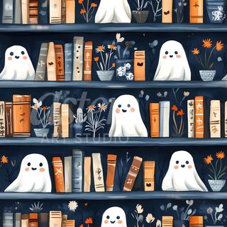 a book shelf filled with lots of books covered in white ghost faces and flowers on it Halloween Bookshelf Spooky Bookshelf, Halloween Book, Spooky Book, Bookish Halloween, dark slate gray