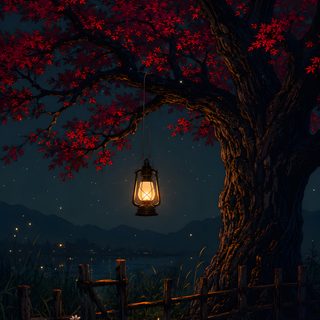 a tree with red leaves and a lantern hanging from it's branches at night Iphone Halloween Iphone 4k Lantern Aesthetic, Moody, Tree Lanterns, Perfect Dark, Vintage Lanterns, black