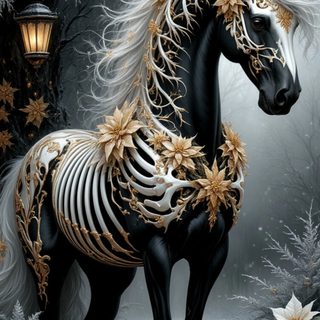 a skeleton horse standing in front of a tree with pumpkins and flowers on it Cute Halloween Horse Horse Skeleton Leg, Skeleton Horse, Fantasy Skeleton Horse, dark slate gray