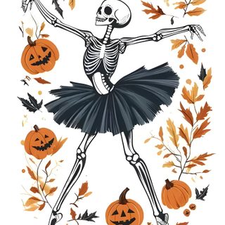 a skeleton in a tutu with pumpkins around it Halloween Ballerina Ballerina Pumpkin, Ballerina Bat, Fall Skeleton, Halloween Ballerina, white