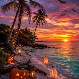 halloween decorations on the beach at sunset with palm trees and pumpkins in the foreground Beach Halloween Holiday Images, Halloween Inspiration, Ghost Decoration, Beach Aesthetic, dim gray