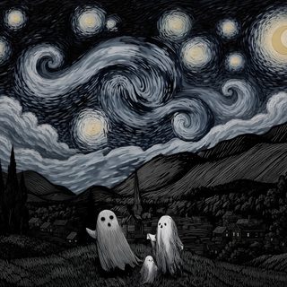 two ghostes are standing in front of the night sky Van Gogh Halloween black