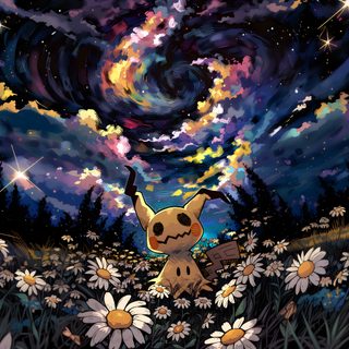 a painting of a pikachu surrounded by daisies and stars in the night sky Halloween Mimikyu Mewtwo Desktop, Pokemon Ultra Wide, Mimikyu 4k, Pc 4k Pokemon, dark slate gray