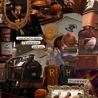 a collage of photos and pictures with an old fashioned train in the middle, surrounded by other items Harry Potter Halloween Aesthetic Harry Potter Aesthetic Backgrounds, Halloween In Harry Potter, Harry Potter Aesthetic Halloween, saddle brown