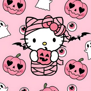 hello kitty halloween wallpaper with pumpkins and ghost faces on pink, the background is filled with black bats Hello Kitty Halloween Pink Hello Kitty Halloween Background, Pink Pink Hello Kitty Halloween Background, Iphone Cute Hello Kitty Halloween,