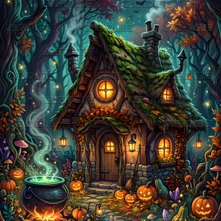 a house in the woods with pumpkins on it Halloween Art dark slate gray