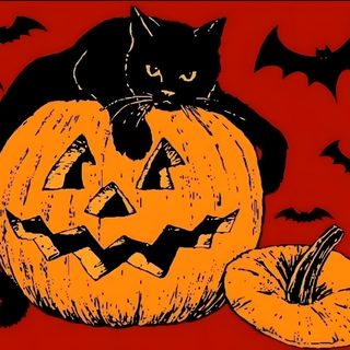 a black cat sitting on top of a pumpkin next to a jack - o'- lantern 2000s Halloween Vaporwave Halloween, Halloween Gif Aesthetic, Halloween Gifs Aesthetic, firebrick