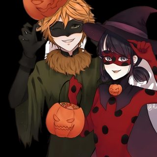 two people dressed up in halloween costumes with pumpkins on their heads and one holding a jack - o'- lantern Miraculous Ladybug Halloween Miraculous Halloween, Miraculous Ladybug Pumpkin, Miraculous Ladybug Halloween Costumes, black