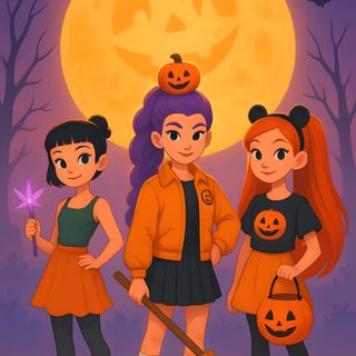 three girls dressed up as witches with pumpkins and bats in front of a full moon Halloween Kpop Demon Hunters Three Witches, Halloween Character Illustration, Digital Painting, sienna