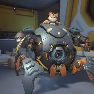 a cat sitting on top of a giant robot in a room with yellow walls and flooring Wrecking Ball Halloween Wrecking Ball Overwatch Png, New Junk City Overwatch, Wrecking Ball Overwatch Icon, dark slate gray