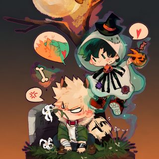 two anime characters sitting on top of each other in front of a full moon and tree Mha Halloween Phone Kacchan X Deku, Deku And Kacchan, Mha Halloween, Bakugou Halloween, dark olive green