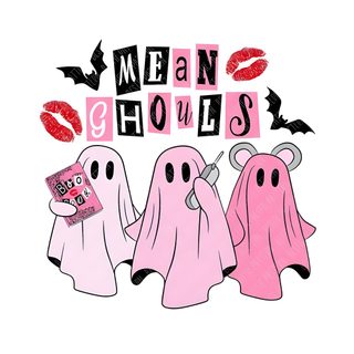 three pink ghost characters with the words mean ghouls on their foreheads and lips Pink Preppy Halloween Pink Halloween Characters, Cute Halloween Mean Girls, Mean Girls Halloween, white