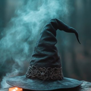 a witches hat sitting on top of a wooden table next to a lit up candle Halloween Witch Hat Witchy Halloween Iphone, Witchy Halloween Background, Halloween Witch Hat, dark slate gray