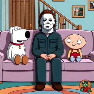 a man sitting on top of a pink couch next to a little boy and dog Family Guy Halloween Michael Myers Pfp Funny, Michael Myers Funny Art, Family Guy Halloween, gray