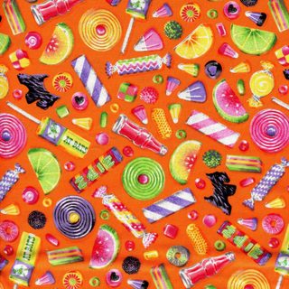 an orange background with candy and candies Halloween Fabric Candy Halloween Design Candy Fabric, Colorful Candy Fabric, Halloween Candy With Striped Background, chocolate