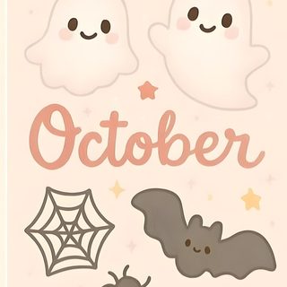 a halloween card with two ghostes and a spider on the front, one is for october October Preppy Halloween October Cute, Cutesy Halloween, Cute October Drawings, Cute October, linen