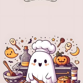a happy halloween card with an image of a ghost baking cookies and other food items Halloween Food Cute Halloween Happy Halloween, Halloween Kawaii, Kawaii Halloween, Cute Halloween, gainsboro
