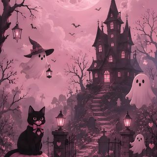 a cat sitting on top of a pumpkin in front of a house with halloween decorations Dark Pink Halloween Halloween Art Aesthetic, Halloween Phone Backgrounds, Aesthetic Halloween, indian red