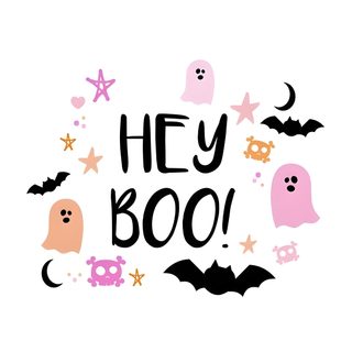 the words hey boo are surrounded by bats and stars Cute Halloween Hey Boo Cute Halloween Words, Pink Aesthetic Halloween Text, Hey Boo Halloween Sayings, white
