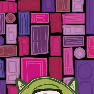an eye is shown in the middle of a painting with pink, purple and green squares Monsters Inc Halloween Monsters Inc Door Drawing, Monsters Inc Doors, Pop Culture Painting, medium violet red