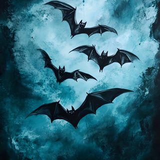 three bats flying in the sky above some blue and black water with clouds behind them Halloween Whimsical Bats-large Creepy Bats, Scary Bats, Scardey Bat, Bat Rays, Bat Swarm, dark slate gray