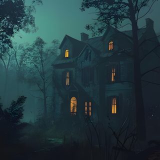 a creepy house in the middle of a forest at night with light coming from windows Halloween Forest House Creepy Haunted House Background, Ancient Haunted House In Forest, Haunted House Black Background, dark slate gray