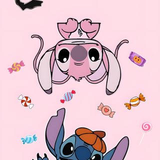 an image of a cartoon character on a pink background with bats and pumpkins in the foreground Cute Stitch And Angel Halloween Angel Lilo And Stitch, Lip, Halloween Cute, Disney Favorites, misty rose