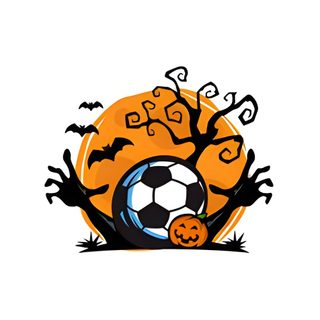 a soccer ball with bats and pumpkins on it in front of a full moon Halloween Football Halloween Soccer, Halloween Soccer Gif, Halloween Pumpkin Soccer Ball, white