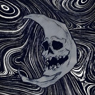 a black and white drawing of a skull on a crescent moon with swirls in the background Lockscreen Grunge Edgy Aesthetic Halloween Aesthetic Skull Pfp, Skeleton Widget, Skeleton Widget Aesthetic, black