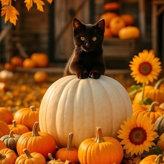 a black cat sitting on top of a pumpkin surrounded by fall leaves and sunflowers Halloween Kitten Hd Fall Cats, Autumn Pumpkin And Cat Photo, Thanksgiving Cat, Fall Cat Picture, saddle brown