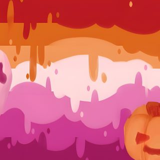 an orange pumpkin sitting in front of a wall with dripping paint on it's face Lesbian Halloween Lesbian Halloween, Lgbtq Halloween, Halloween Pride Flag, indian red