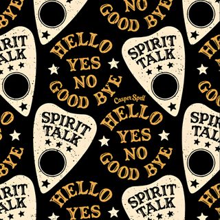 a black and gold pattern with white guitar pickers on the bottom right hand corner Halloween Ouija Planchette Ouija Board Pattern, Halloween Ouija Board Background, Ouija Board, black