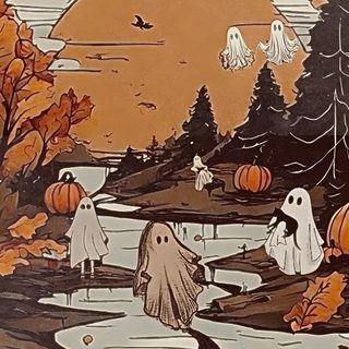an image of halloween scene with pumpkins and ghost Aesthetic Retro Vintage Halloween Iphone Fall Halloween Aesthetic Iphone, Fall Spooky Aesthetic, Spooky Fall Iphone, sienna