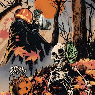 a skeleton sitting on top of a pile of leaves next to a forest filled with trees Old School Halloween Cover Art, Spooky Comic Books, Samhain, Yoruichi Shihouin, Halloween Comic Art, sienna