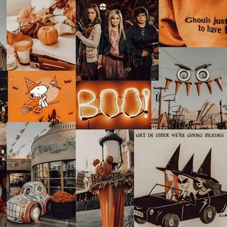 a collage of halloween images including pumpkins, witches and booze on display Cute Aesthetic Halloween For Computer For Laptop Halloween, Aesthetic Ipad Horizontal Halloween, Halloween Aesthetic Background Laptop, sienna