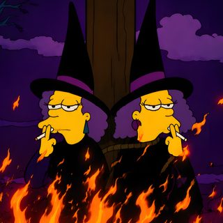 two cartoon characters standing in front of a fire with their heads turned to look like they are wearing witches The Simpsons Halloween black