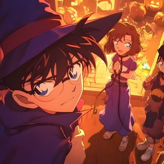 two children dressed as witches standing in front of pumpkins Detective Conan Halloween Conan Comics, Detective Conan, Case Closed, Detective, Halloween Party, saddle brown
