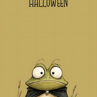 a green frog with big eyes and a black cape on it's head is looking at the camera Frog Halloween Pumpkin With Frog Illustration, Phone, Funny Cartoon Frog Illustration, dark khaki