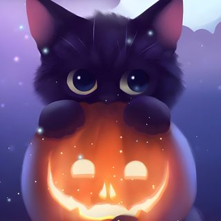 a black cat sitting on top of a pumpkin with its eyes open and glowing in the dark Halloween Kawaii Cute Black Cat Cute Cat Halloween, Cute Halloween Cat Background, Cute Black Cat Kawaii, dim gray